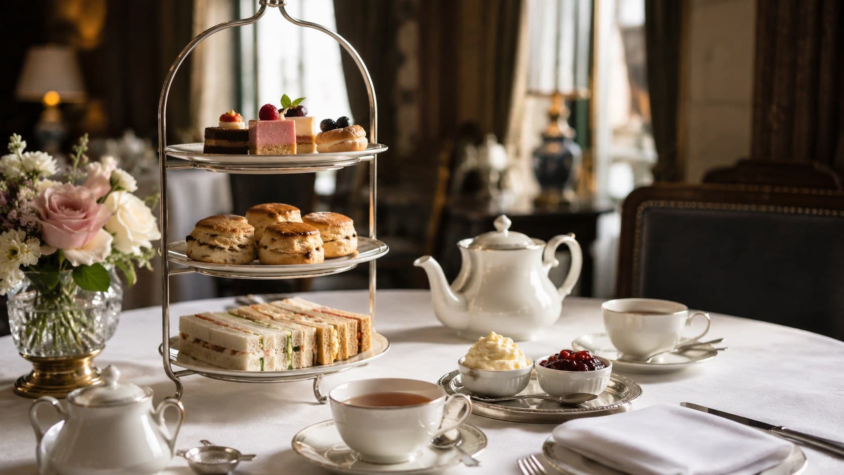 An elegant afternoon tea spread with a tiered stand, scones and teapot