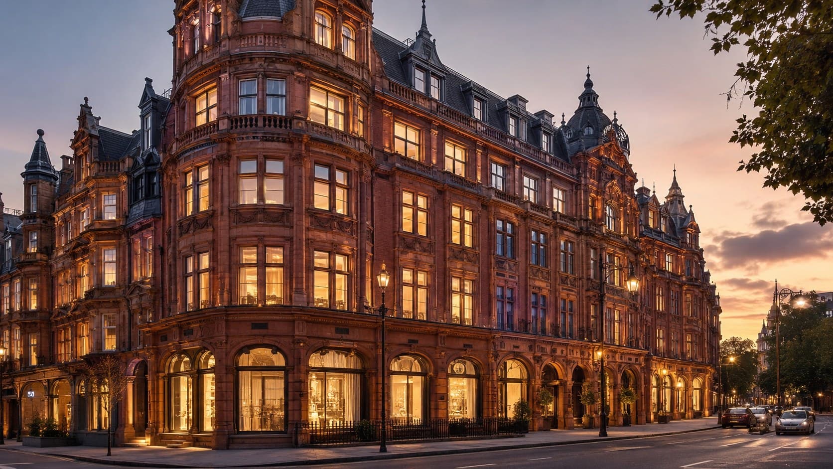 A grand illuminated terracotta department-store building in Knightsbridge, London