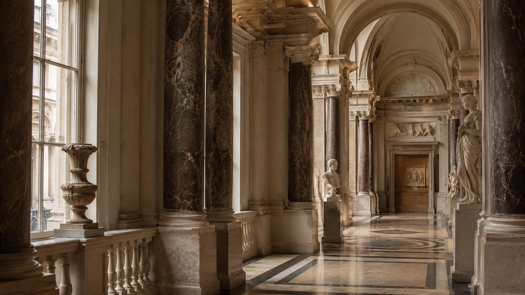A grand neoclassical museum gallery interior with marble columns and statues, London