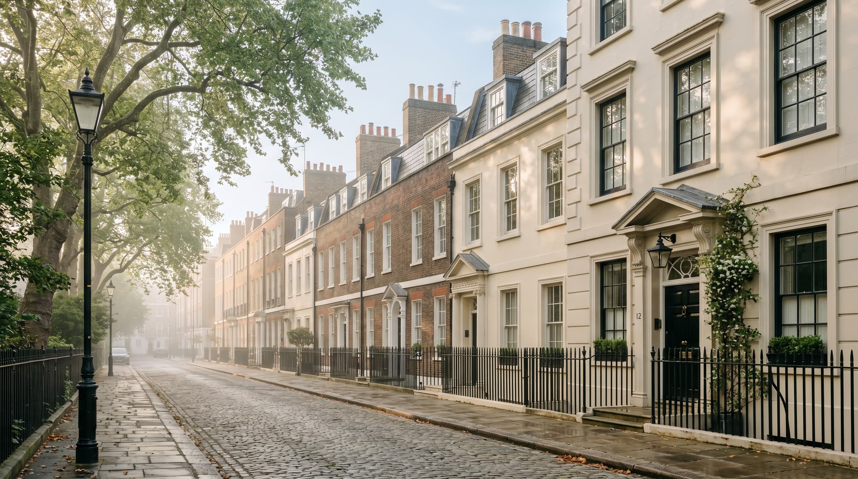 A quiet Georgian street of townhouses in Marylebone, Prime Central London
